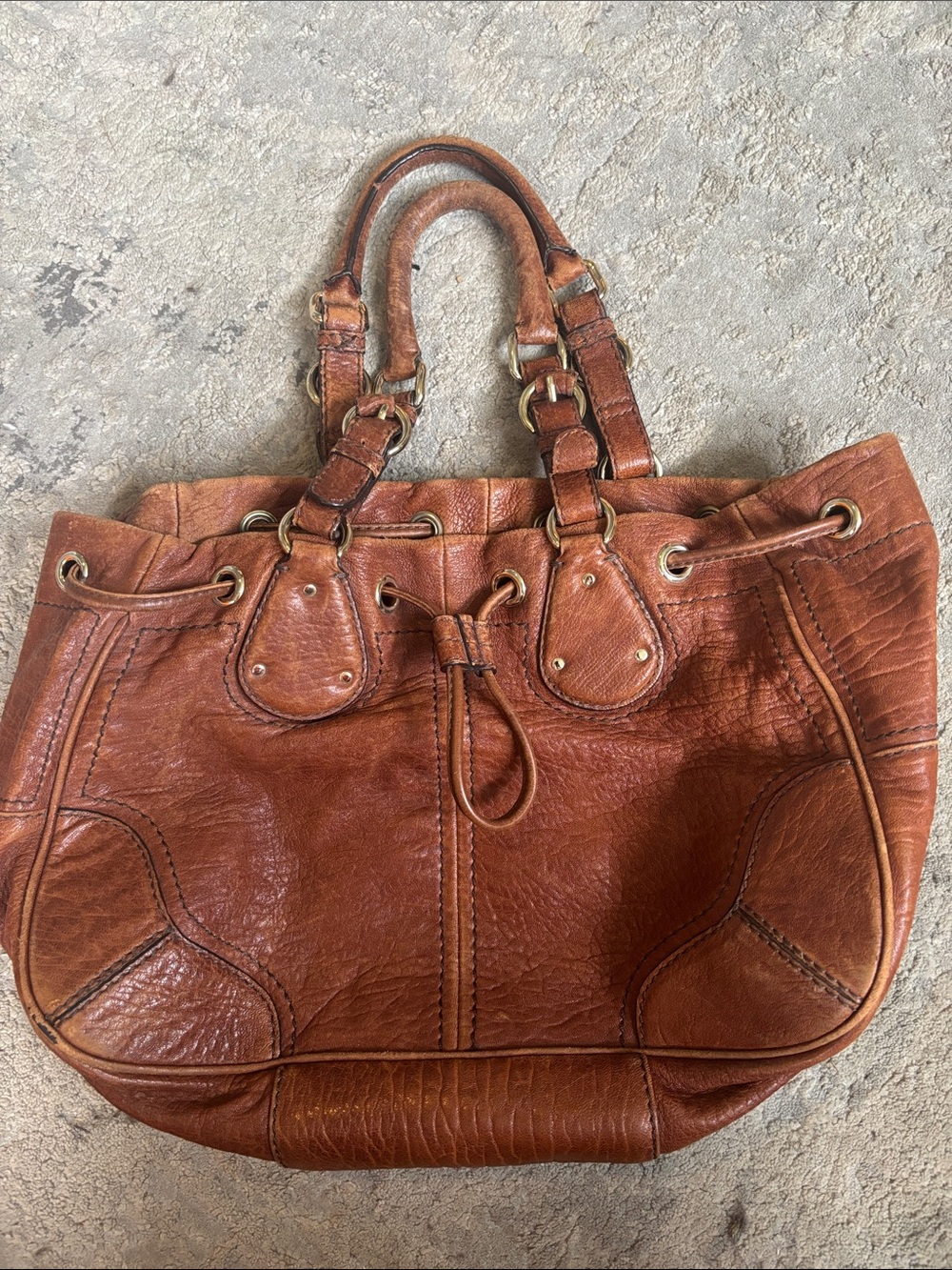ANTONIO MELANI Cognac Leather Drawstring Tote